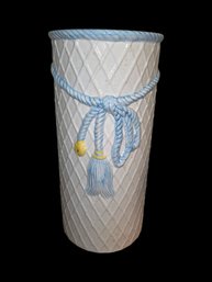 Vintage MCM Lane & Co. Tassle & Basketweave Ceramic Umbrella Stand