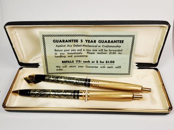 Vintage 1960s Arpege Chanel No. 5 Perfumed 14Kt. Gold Filigree Enameled  Pens  Boxed Set
