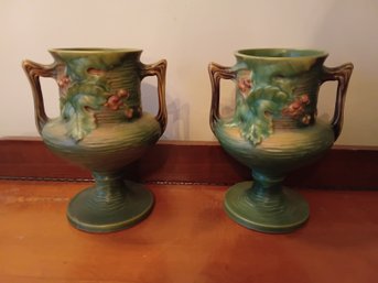 Set Of 2 - 1940s Roseville Bushberry USA Footed Vase Set