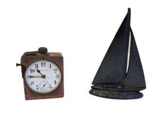 Vintage Mini Seth Thomas Companion Travel Timepiece & Jennings Brothers Sailboat Sculpture