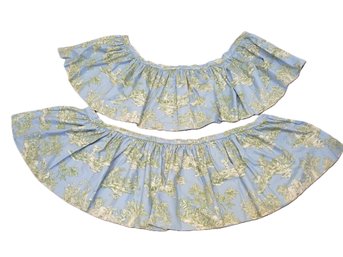Pair Of Vintage Blue & Green Pleated French Country Toile Lined Window Valances