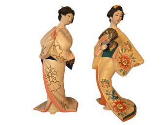 Hakata Bisque Porcelain Geisha Doll PAIR. Numbered And Signed. Maiden Of Winter & Peony Maiden Of Summer