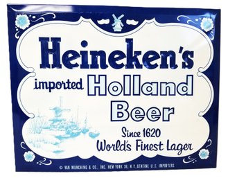 RARE Vintage Heineken's Imported Holland Beer Advertising Sign Blue & White Tin