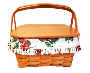 Vtg. 1997 Longaberger Handwoven Picnic Basket W/ Floral Fabric Liner, Plastic Protector And Wood Stand
