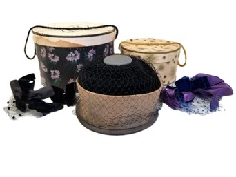 Vintage Velvet & Satin Hat, Bow & Headband With And Veils With Two Hat Boxes