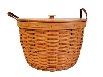 Vintage 1999 Large Longaberger Work Around Pot Of Gold Basket W/plastic Liner & Leather Handles & Wooden Lid