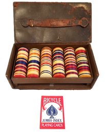 Antique Poker Chips & Playing Cards In Wood & Leather Box