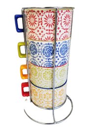 Pier 1 Imports Boho Stacking Coffee Cups W/Stacking Rack