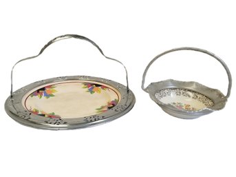 Vtg. MCM Farber & Shlevin Hammered Scallop Edge Bowl And Faberware Chrome/ceramic Serving Plate With Handles