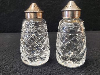 Vintage Pair Waterford Crystal Glandore Salt & Pepper Shakers W/ Silver Plate Shaker Tops