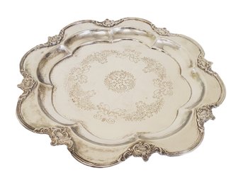 Very Nice Round Silver Plate Scalloped Flora Edge W/ Floral Etched Serving Tray (Lot A)