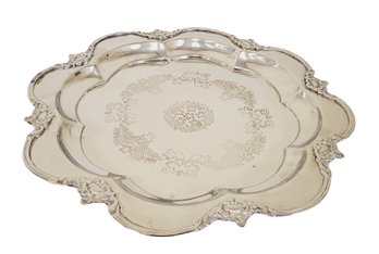 Very Nice Round Silver Plate Scalloped Flora Edge W/ Floral Etched Serving Tray (Lot B)