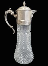 Vintage 1930 Retro Diamond Cut Glasswine Decanter/pitcher With Silver-plated Top And An Ornate Handle