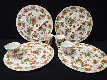 Set Vintage Carrolton China Orange & Gold Flowers Sectioned Grill Plate With Cups