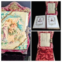 Very Very Rare Victorian Velvet & Celluloid Cabinet Photo Album With Cherub Design & Antique Photos