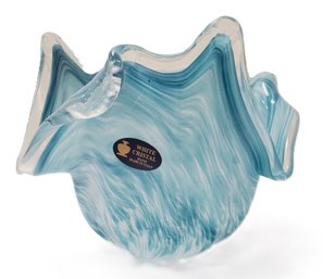 Beautiful White Cristal Italy Murano Style Light Blue Cased Blown Art Glass Bowl