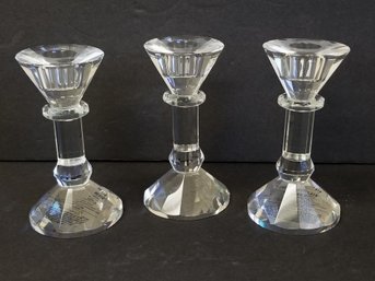 Trio Of Crystal Candle Holder 5.75' High With Criss Cross Cut Pattern Candle Holders Holders
