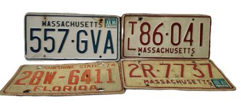 Four Vintage Metal Automobile License Plates - Massachusetts & Florida