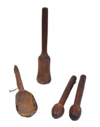 Antique 19th-century Primitive Treenware, Specifically Wooden Mashers, Pounders, Mall Ladle