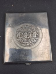 Vintage Sterling Silver Mayan Inspired Cigarette Case With Incised Sun Decoration- 4 Ounces