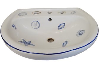 Gorgeous French Porcelain Vanity Bathroom Sink W/  Cobalt Nautilus Shell, Sand Dollar, Starfish, And Conch