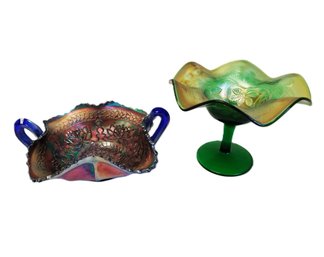 Antique Fenton Persian Medallion Blue Carnival Glass Candy Dish W/handles & Green Carnival Footed Compote Dish
