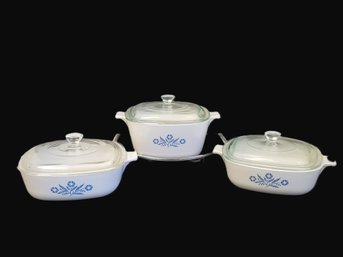 Vtg. Blue Cornflower Corning Ware 1.75'Casserole & Two Corning Ware 1 Qt Casserole Dishes With Lids