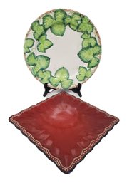 FF Fitz & Floyd Green & White Stoneware Serving Platter & Roscher Hobnail Red Square Scalloped Plate