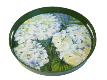 Lovely White Hydrangeas Round Serving Tray With Handles By Rock Flower Paper
