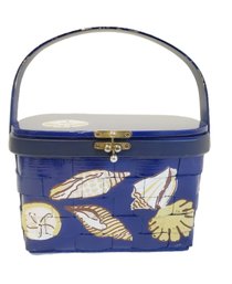 Vintage Caro-Nan Blue Nautical Shell Themed Woven Fabric Lined Basket Purse