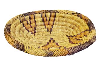 Vintage Native American Woven Coiled Round Gathering Basket W/geometric Designs