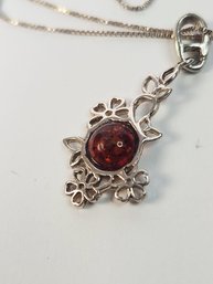 New Sterling Silver Amber Flower Pendant And Necklace