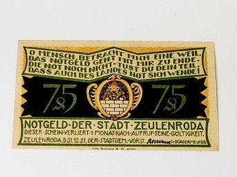ANTIQUE .... 1920s Notgeld 75 Pfennig Banknote  German For 'Emergency Money' UNC Condition