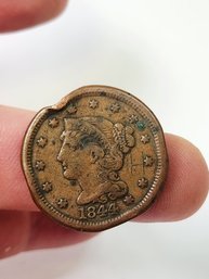 1844 Large  Cent U.S. Coin With Dents ANTIQUE