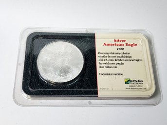 2001 American Silver Eagle  1  Troy Oz .999  Silver Coin In Littleton Clear Plastic Case