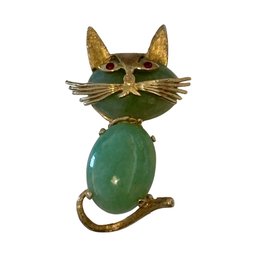 1960s 14K Gold Chrysoprase & Ruby Eye Cat Brooch Pin  Possibly Kurt Gutmann