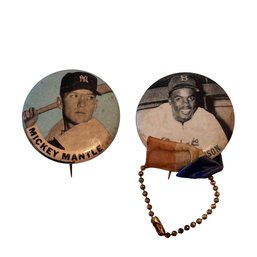 Mid-Century Baseball Pinback Pair: Mickey Mantle & Jackie Robinson Pocket Legends