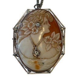 Carved Cameo Pendant Necklace: Silver-Framed Lady With Diamond Accents