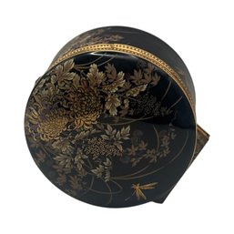 Japanese Black & Gold Floral Porcelain Trinket Box With Dragonfly Motif