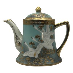 Glamorous Hand-Painted Nippon Moriage Chocolate Pot With Cranes & Gilt