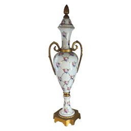 Floral Porcelain Urn-Form Vase With Gilt Handles & Finial  14'