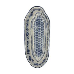 Charming German Blue And White Corn Serving Dish With Floral Border
