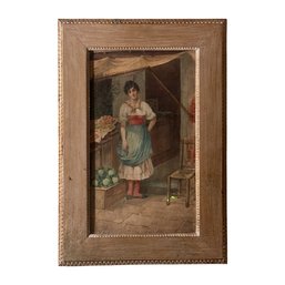 Charming Old World Romantic European Genre Scene In Ornate Frame