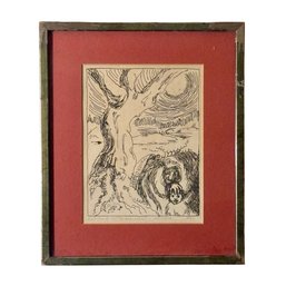 Surrealist Line Etching:  Abstract Figural Landscape In Vintage Frame