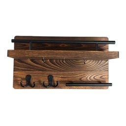 Rustic Wood Wall Organizer: Shelf, Rail, Hooks &  Keys Bar