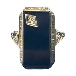 Stunning Art Deco 14K White Gold Onyx Ring With Diamond Accent