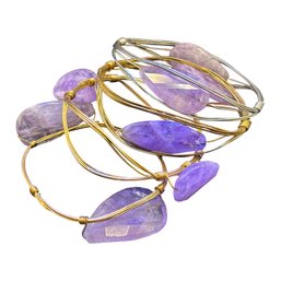 Amethyst Stone Wire-Wrapped Bangle Bracelet Set (4)