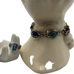 Sterling Silver Multistone Link Bracelet & Blue Stone Ring Set (925)