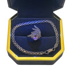 Vintage 925 Sterling Amethyst Wing Ring & Chain Bracelet Set