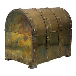Riveted Brass Treasure Chest Box With Domed Lid & Warm Patina